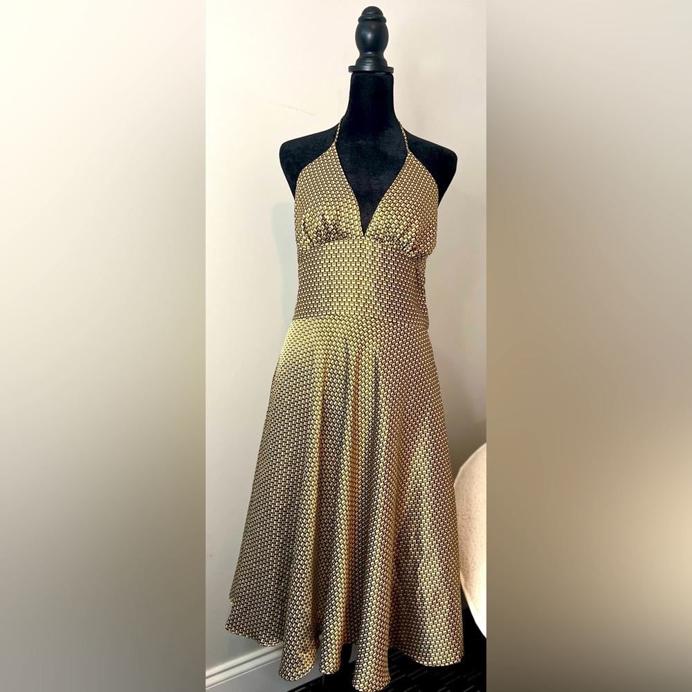 Halter Alyn Paige Dress, Brown/Gold Pattern, Size 7/8